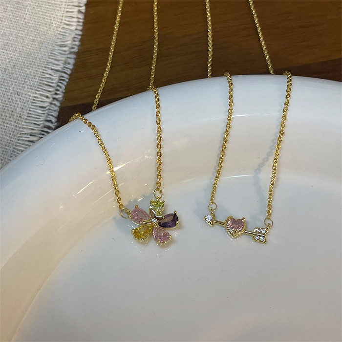 Sweet Heart Shape Flower Copper Plating Inlay Zircon Pendant Necklace