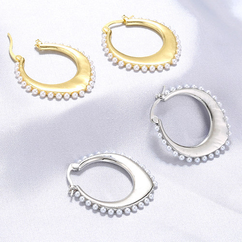 1 Pair Elegant Vintage Style Simple Style Oval Plating Inlay Copper Pearl 18K Gold Plated Earrings