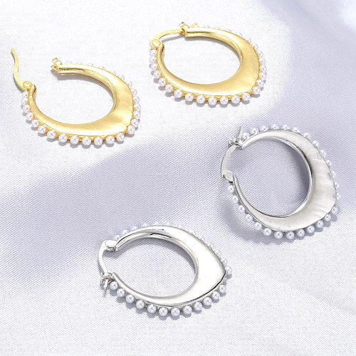 1 Paar elegante, schlichte, ovale Ohrringe im Vintage-Stil mit Inlay aus Kupferperle und 18-karätigem Gold