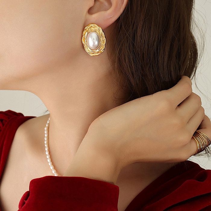 Retro ovale Titan-Stahl-Inlay-Ohrring-Halskette mit künstlichen Perlen