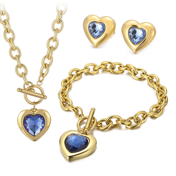 Moda coração forma chapeamento de aço inoxidável inlay pulseiras de vidro brincos colar