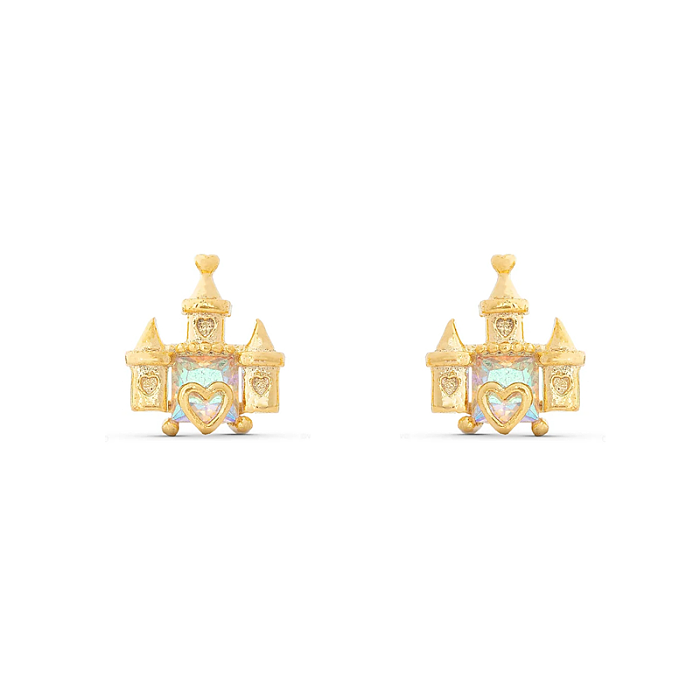 Pendientes chapados en oro de 18 quilates con incrustaciones de latón con forma de corazón y oso de castillo de estilo simple y lindo