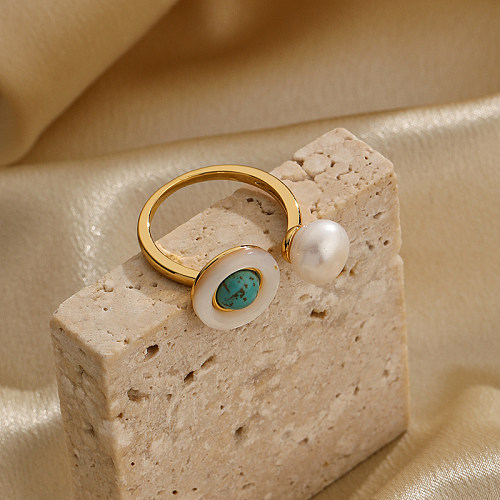 Offene Ringe im Retro-Stil mit runder Verkupferung und Inlay, Türkis, 18 Karat vergoldet