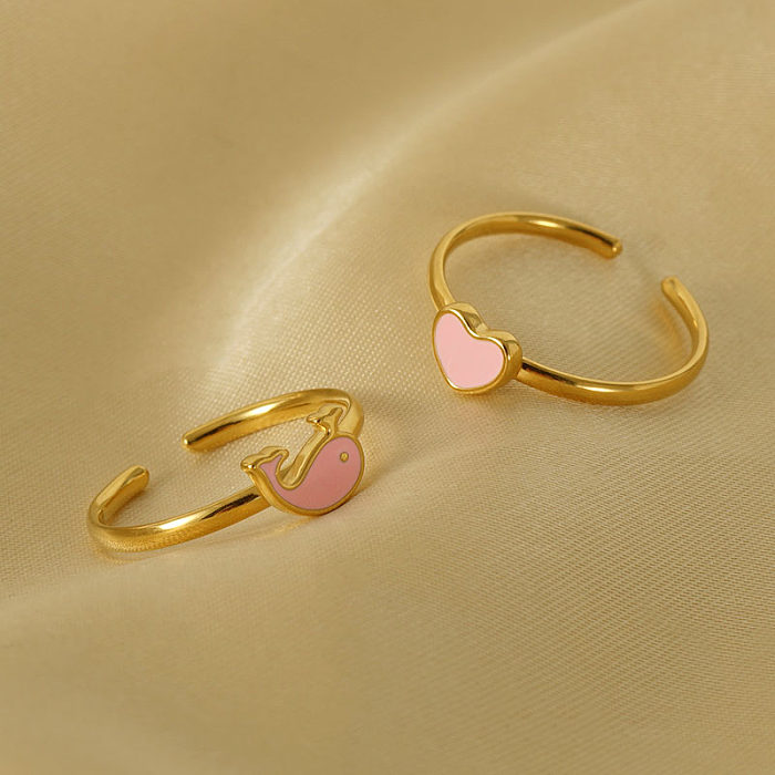 Wholesale Cute Moon Dolphin Heart Shape Stainless Steel 18K Gold Plated Open Ring