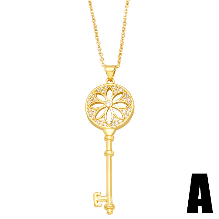 Fashion Flower Key Copper Gold Plated Zircon Pendant Necklace 1 Piece