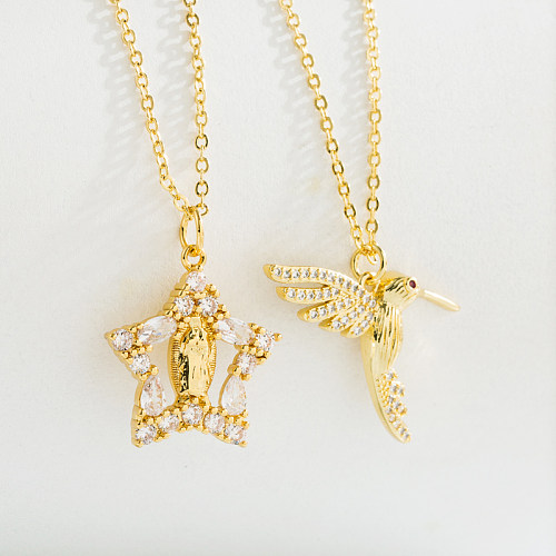 Collar con colgante de circonita chapado en oro y cobre con pájaro y estrella a la moda, 1 pieza