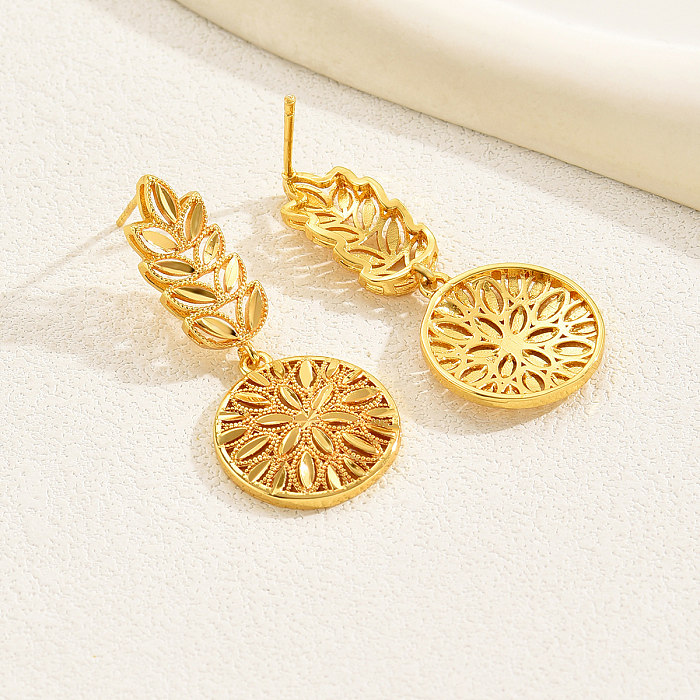 1 Pair Retro Vacation Solid Color Leaf Round Plating Copper 18K Gold Plated Drop Earrings