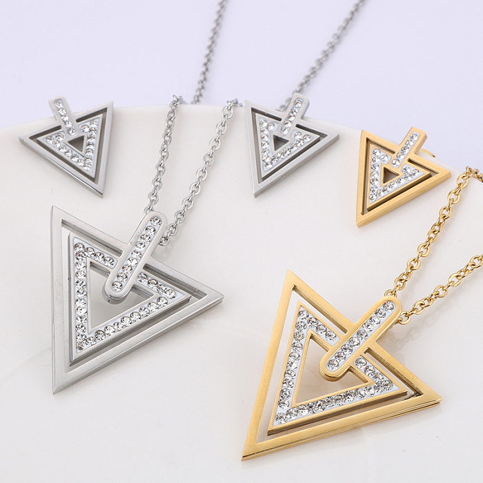 Conjunto de dos piezas de pendientes colgantes de circonita triangular geométrico Simple, nuevo temperamento de acero inoxidable a la moda