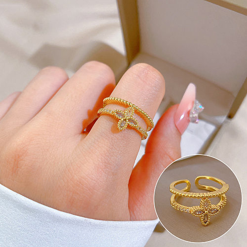Fashion Four Leaf Clover Brass Plating Inlay Zircon Open Ring 1 Piece