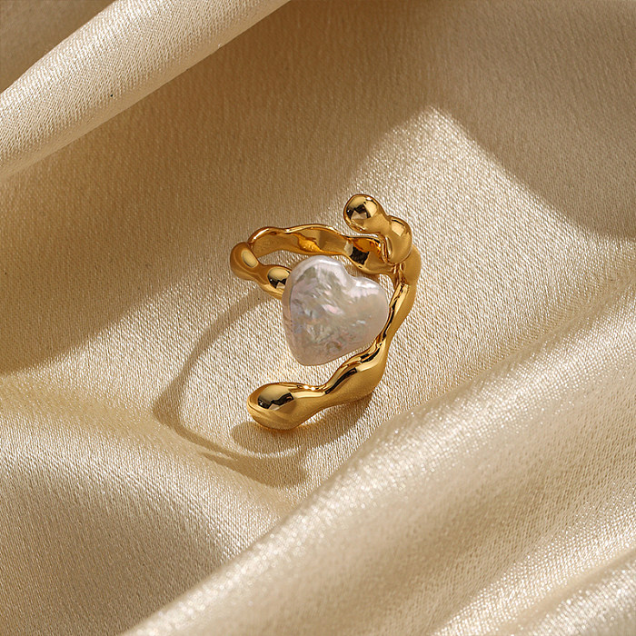Modischer schlichter Stil, Herzform, Kupferbeschichtung, Inlay, Perle, 18 Karat vergoldet, offene Ringe