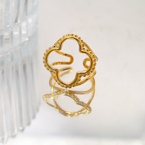 IG Style Vacation French Style Four Leaf Clover Stainless Steel Titanium Steel Plating Hollow Out 18K Gold Plated Open Rings