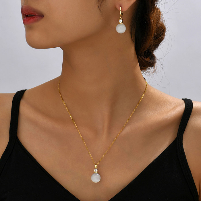 Elegant Round Copper Inlay Rhinestones Opal Women'S Earrings Necklace 1 Set