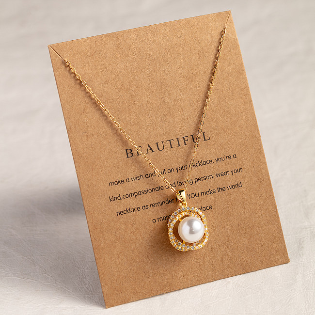 Simple Style Round Copper Plating Inlay Pearl Zircon 18K Gold Plated Necklace