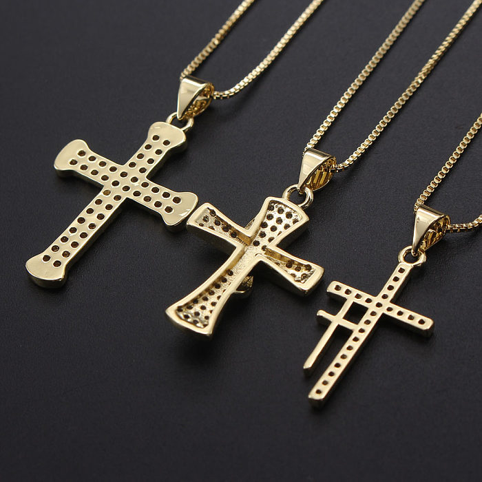 IG Style Hip-Hop Cool Style Cross Copper Gold Plated Zircon Pendant Necklace In Bulk