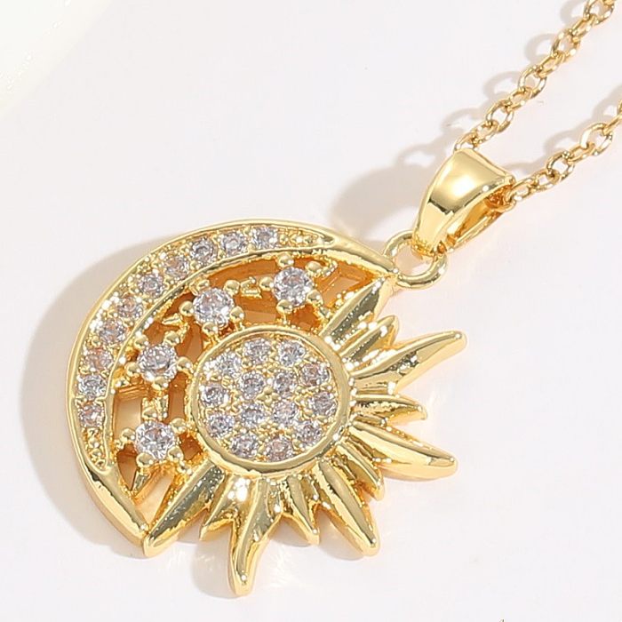 Simple Style Moon Copper Inlay Zircon 14K Gold Plated Necklace
