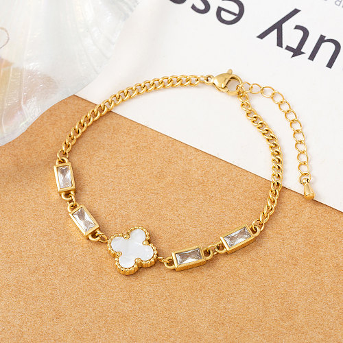 Retro Four Leaf Clover Butterfly Copper Gold Plated Artificial Pearls Shell Zircon Bracelets 1 Piece
