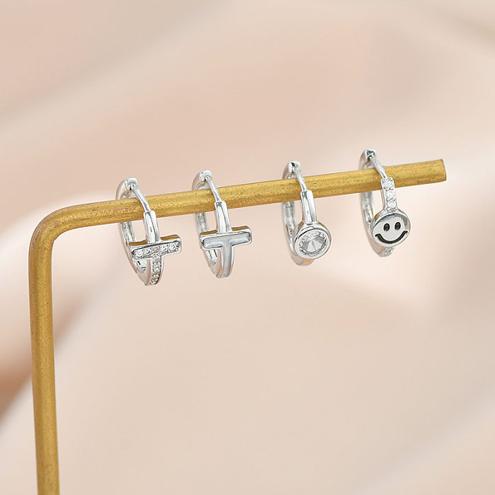 2 Pairs Fashion Cross Smiley Face Copper Inlaid Zircon Earrings