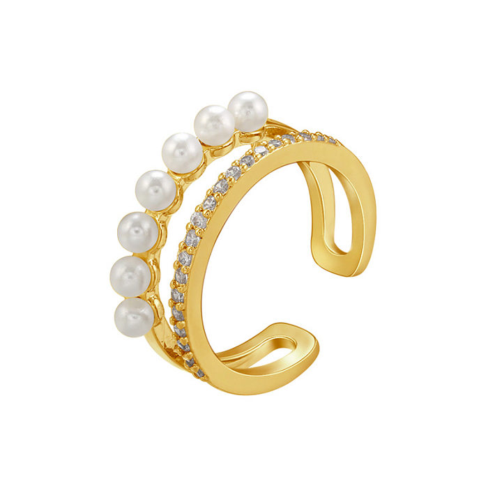 Modischer offener Ring mit geometrischer Messingbeschichtung, künstlichen Perlen und Zirkon, 1 Stück
