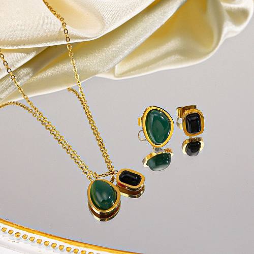 IG Style Simple Style Rectangle Stainless Steel Plating Inlay Gem 18K Gold Plated Earrings Necklace