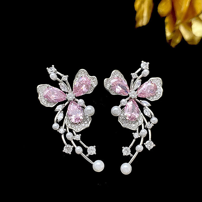 1 Pair Exaggerated Shiny Flower Inlay Copper Pearl Zircon Earrings