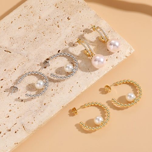 1 Pair Elegant Retro C Shape Plating Inlay Imitation Pearl Copper Zircon 14K Gold Plated Earrings
