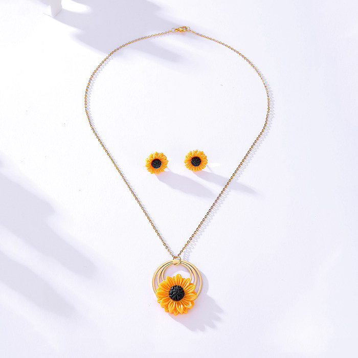 Stainless Steel Electroplated 18K Gold Sunflower Stud Earrings Necklace Set