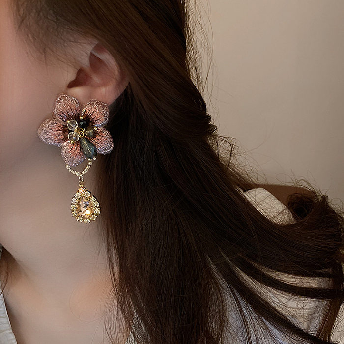 1 Pair Glam Flower Cloth Copper Inlay Artificial Crystal Rhinestones Drop Earrings