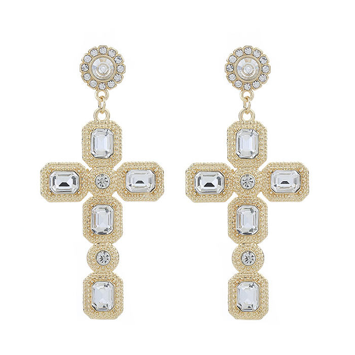1 Pair Simple Style Cross Inlay Copper Rhinestones Drop Earrings