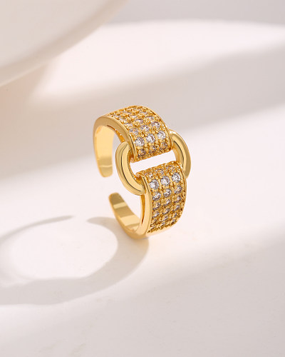 Simple Style Rectangle Copper Plating Inlay Zircon 18K Gold Plated Open Rings