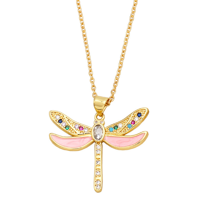 Retro Insect Dragonfly Copper Enamel Gold Plated Zircon Pendant Necklace 1 Piece