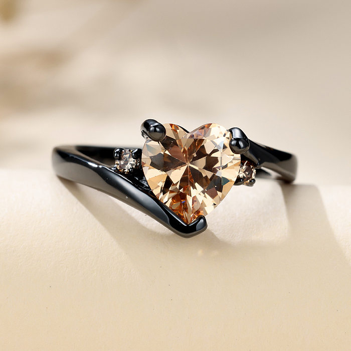 Anéis de zircão embutidos de cobre em formato de coração estilo clássico streetwear