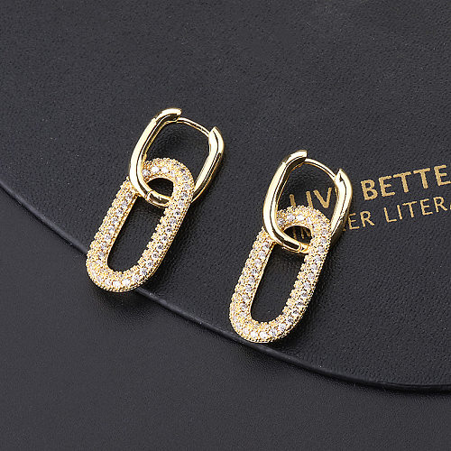 1 paire de boucles d'oreilles pendantes plaquées or 18 carats, Style IG Simple, incrustation ovale en cuivre et Zircon