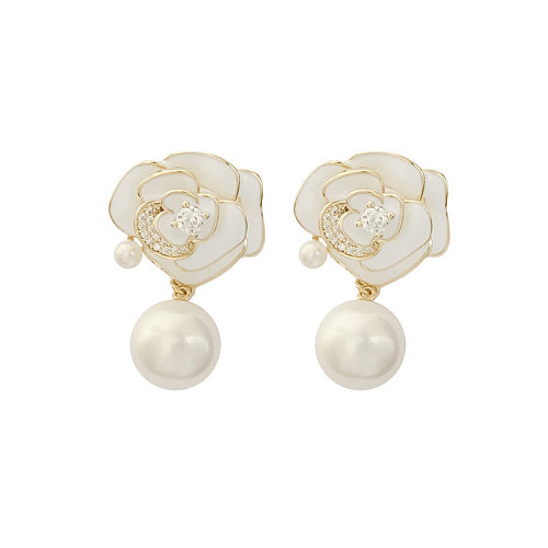 1 Pair Elegant Simple Style Flower Enamel Inlay Copper Pearl Zircon Drop Earrings
