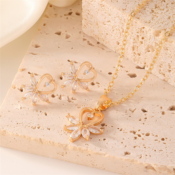 Collar de pendientes de circón con incrustaciones de cobre, mariposa, flor brillante, estilo Simple informal