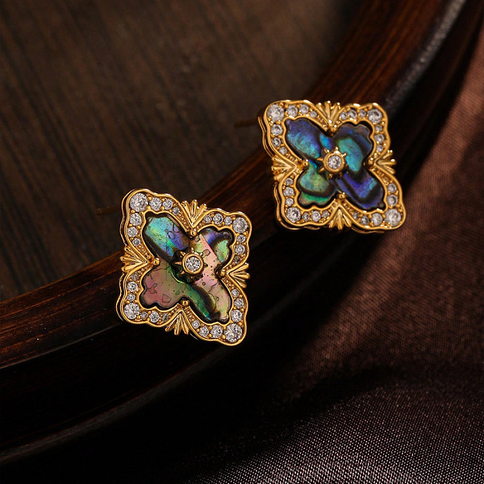 1 paire de clous d'oreilles en Zircon, incrustation de fleurs artistiques de Style Simple, coquille en cuivre
