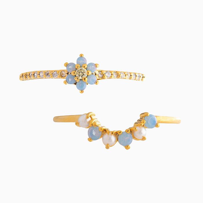 Verão nova moda cor azul flor anéis de cobre legal