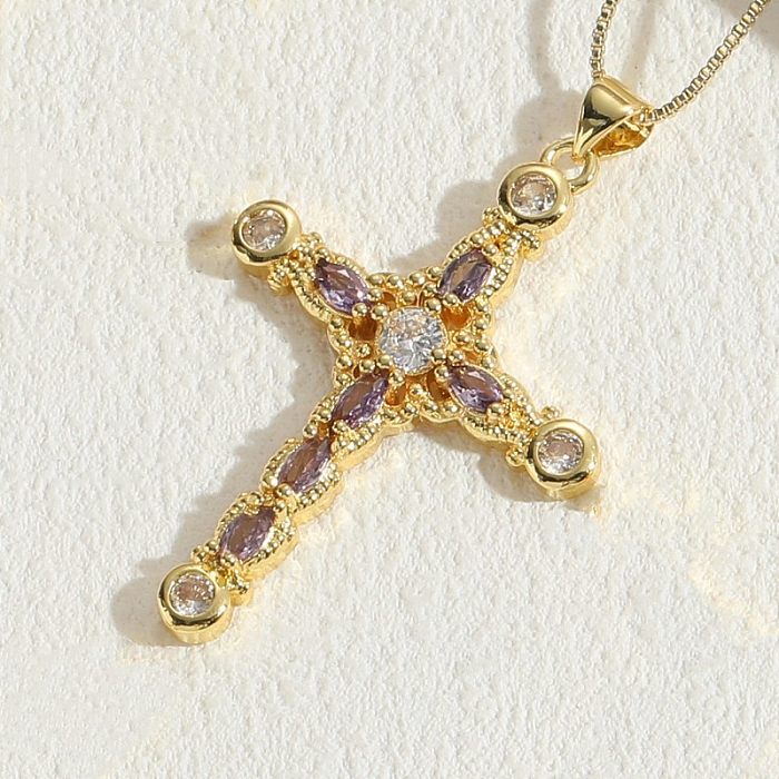 Elegant Luxurious Classic Style Cross Copper Plating Inlay Zircon 14K Gold Plated Pendant Necklace