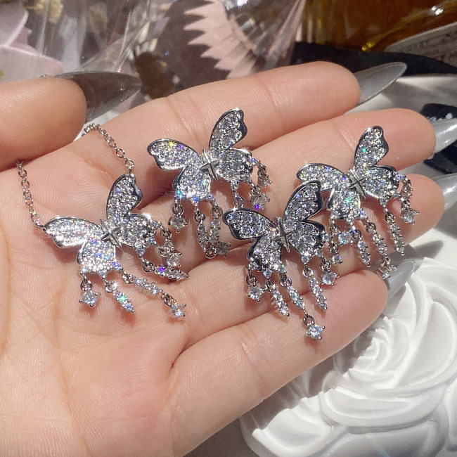 Streetwear borboleta chapeamento de cobre incrustação de pedras preciosas artificiais banhado a ouro 18K feminino anéis brincos colar