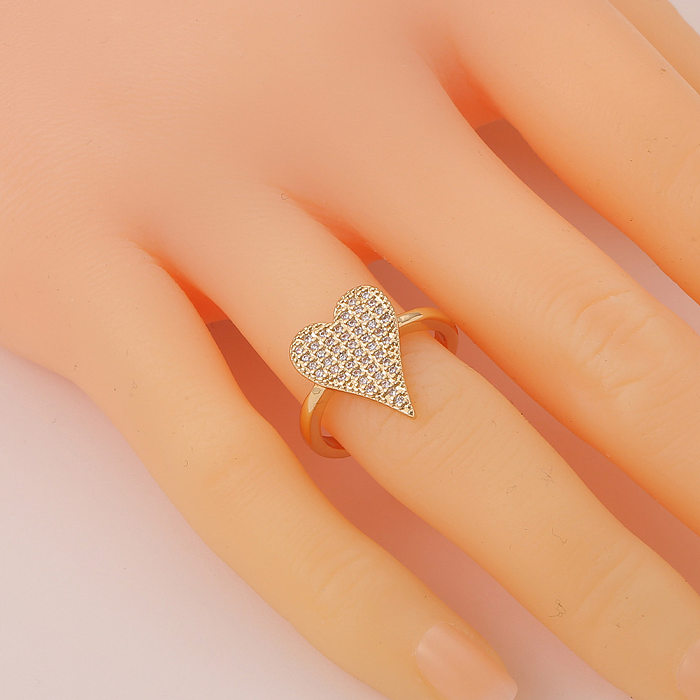 Anillo de cobre ajustable abierto con diamantes en forma de corazón para mujer