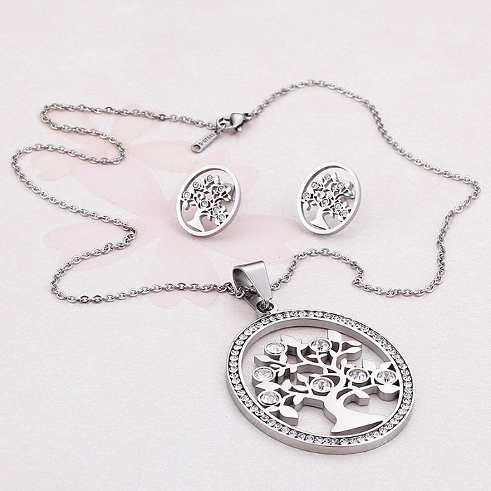 New Necklace Earrings Set Round Ring Full Circle Diamond Inlaid Zircon Tree Stainless Steel Jewelry Set