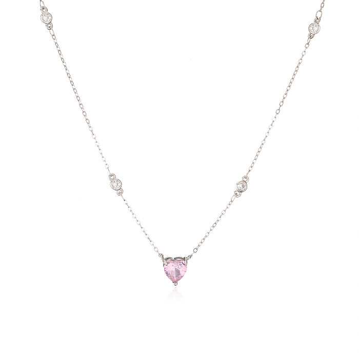 Fashion Copper Micro Inlaid Zircon Pink Diamond Heart Pendant Necklace
