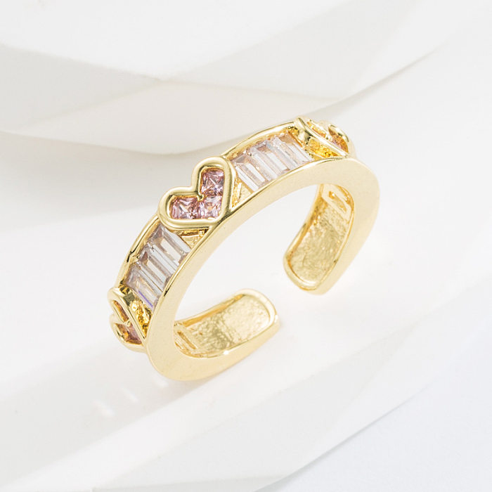 Anillos de cobre de circón con incrustaciones de anillo abierto de cobre en forma de corazón de moda