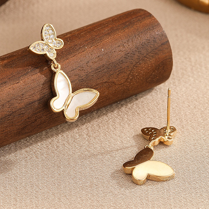 1 paire de boucles d'oreilles pendantes en cuivre et Zircon, Style Simple, incrustation de papillon