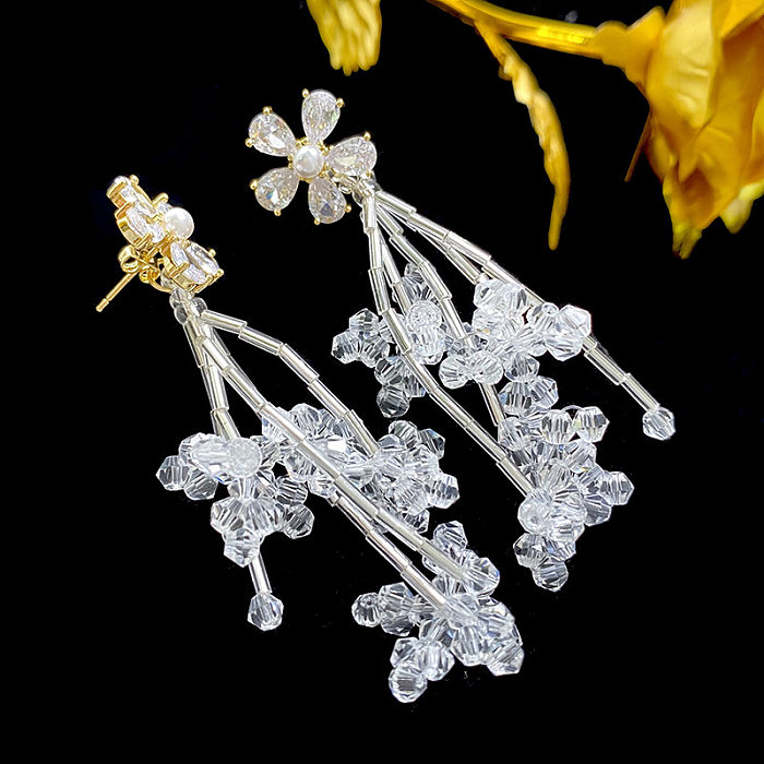 1 Pair Sweet Flower Inlay Copper Artificial Crystal Zircon Drop Earrings