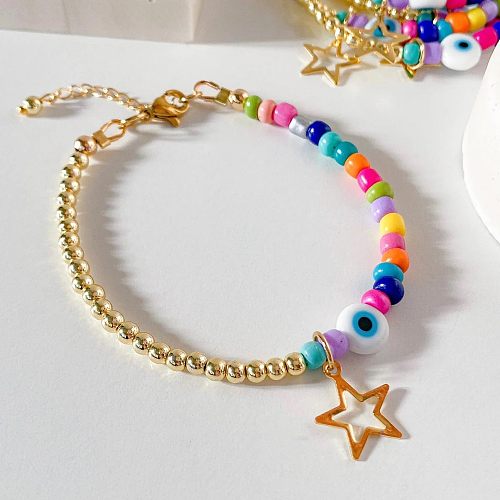 Bracelets plaqués or 18 carats en verre d'oeil d'étoile de style moderne avec perles en cuivre