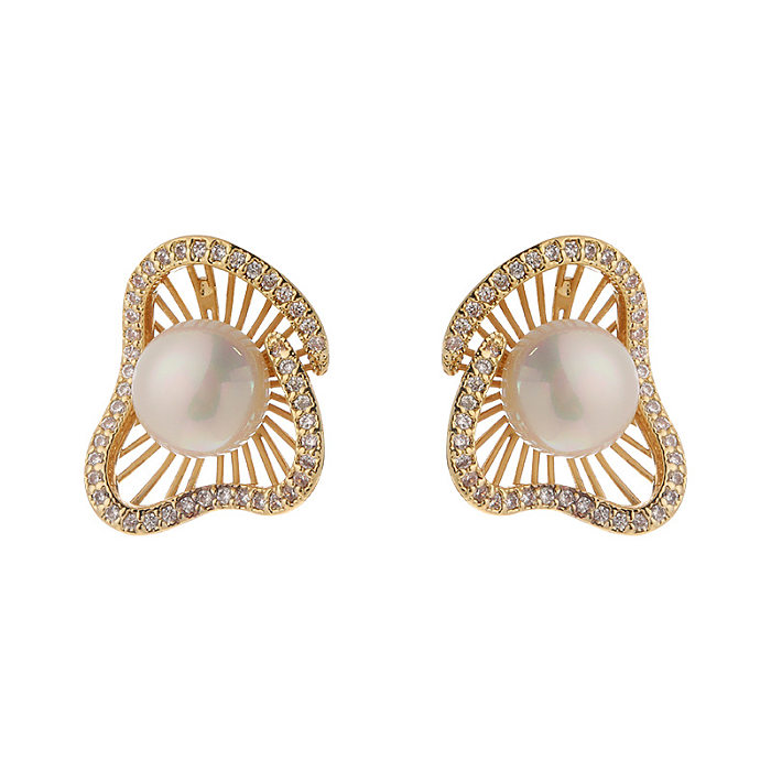 1 paire de clous d'oreilles en cuivre et Zircon, incrustation géométrique rétro élégante, perles