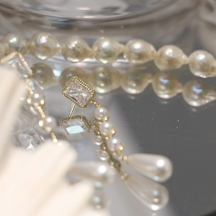 1 Paar elegante Vintage-Stil-Ohrringe mit rechteckiger Beschichtung und Kupfer-Perlen-Zirkon-Tropfen