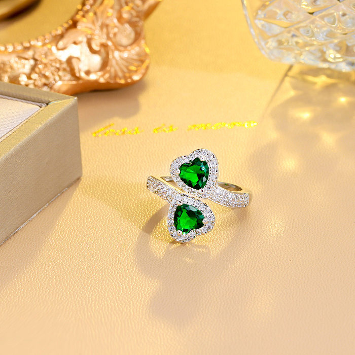 IG Style Elegant Asymmetrical Heart Shape Copper Plating Inlay Artificial Gemstones 14K Gold Plated White Gold Plated Rhodium Plated Open Rings