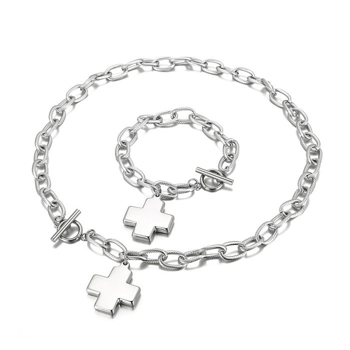 Accessories Sweater Chain Cross Pendant Necklace Stainless Steel Bracelet OT Buckle Set