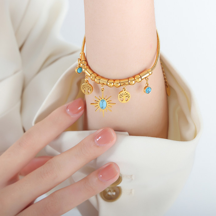IG Style Commute Sun Tree Titanium Steel Plating Inlay Turquoise 18K Gold Plated Bracelets Necklace